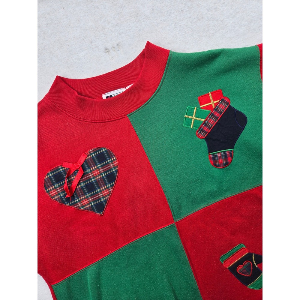 VTG BoldSpirit Holiday Sweatshirt L Patchwork Appliqué Ugly Xmas Sweater 90s